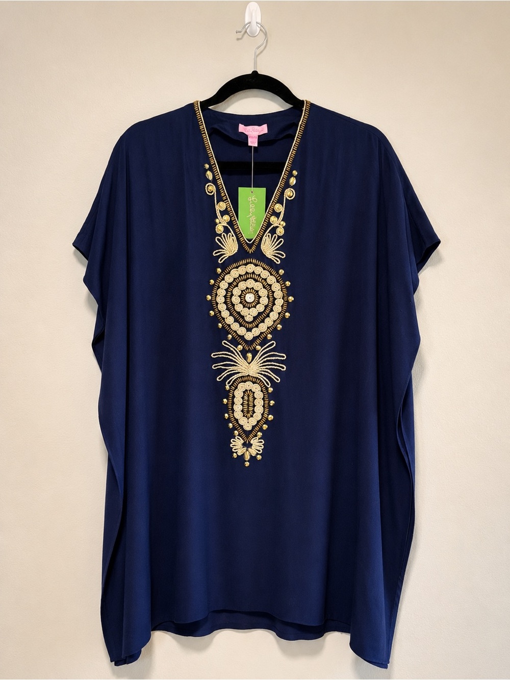 NWT Lilly Pulitzer Chai Caftan Navy Gold Beaded Embellished Cover Up XXS XS